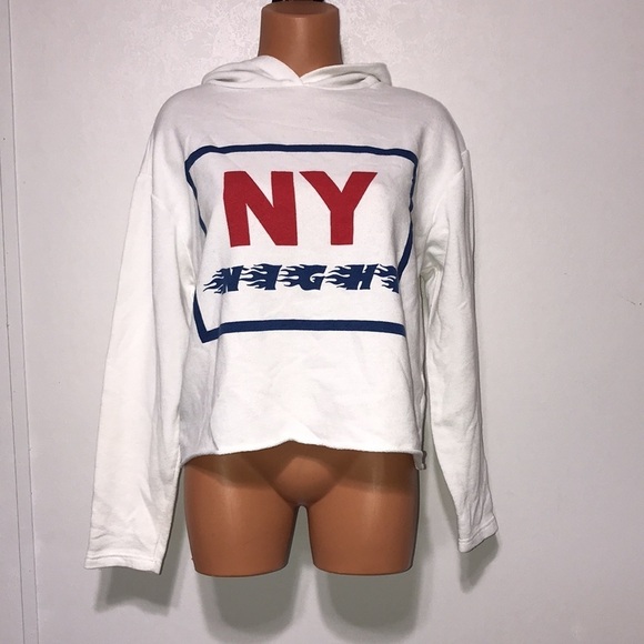Zara Trafaluc NY Nights Cropped Hoodie White Small - Picture 1 of 5